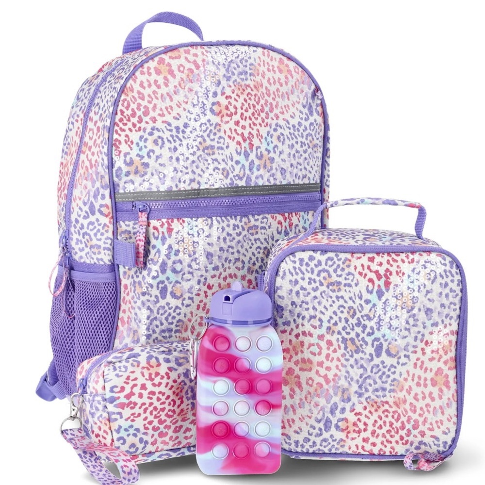 Leopard Print School Backpack 17” and Lunch Set with Water Bottle W